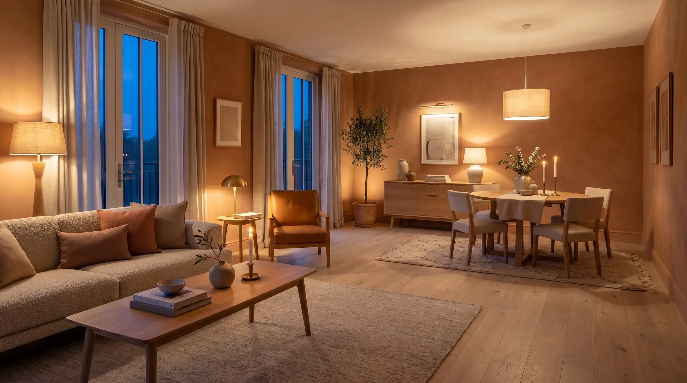 Calm living and dining space with several bespoke oak furniture pieces, natural light, and neutral styling
